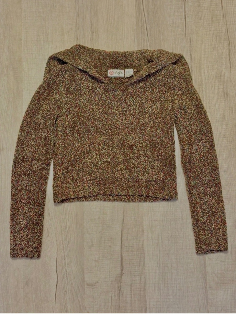 Y2K Fuzzy Cropped Sweater Confetti Knit Long Sleeve Front Pocket Fairy Girls L